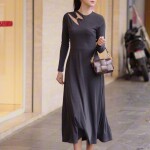 Đầm chữ A dáng xòe cổ lệch phối tay dài LD408