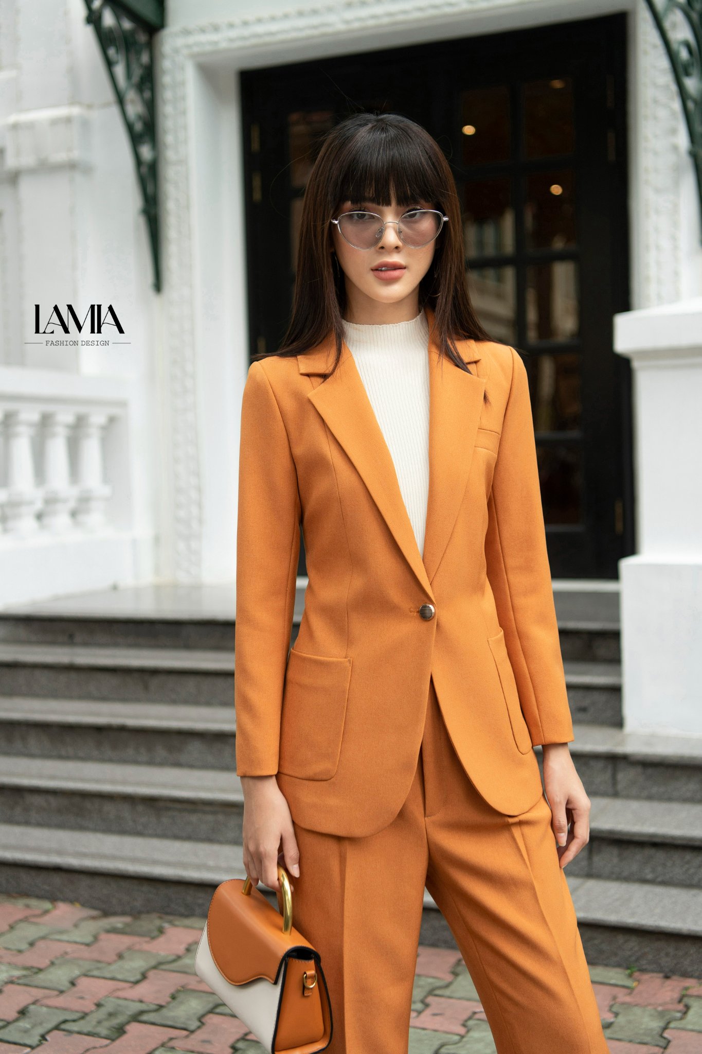 Set áo vest nữ dáng xuông màu cam LE065
