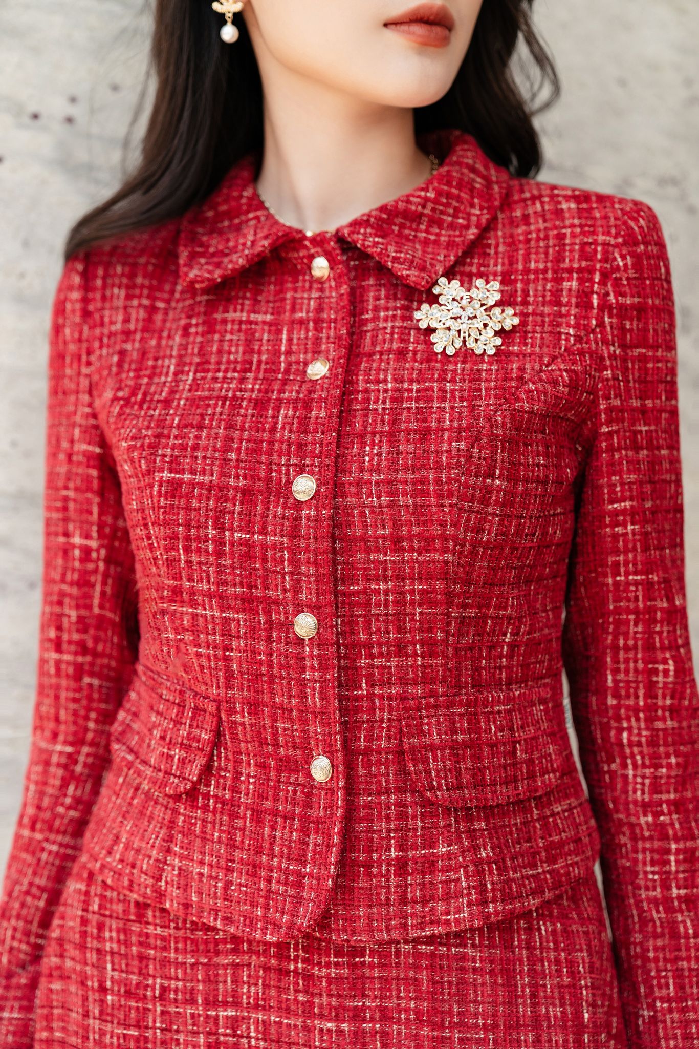 Sét đồ nữ áo khoác hồng viền ngọc kèm chân váy chữ A dạ tweed S2310   MixASale
